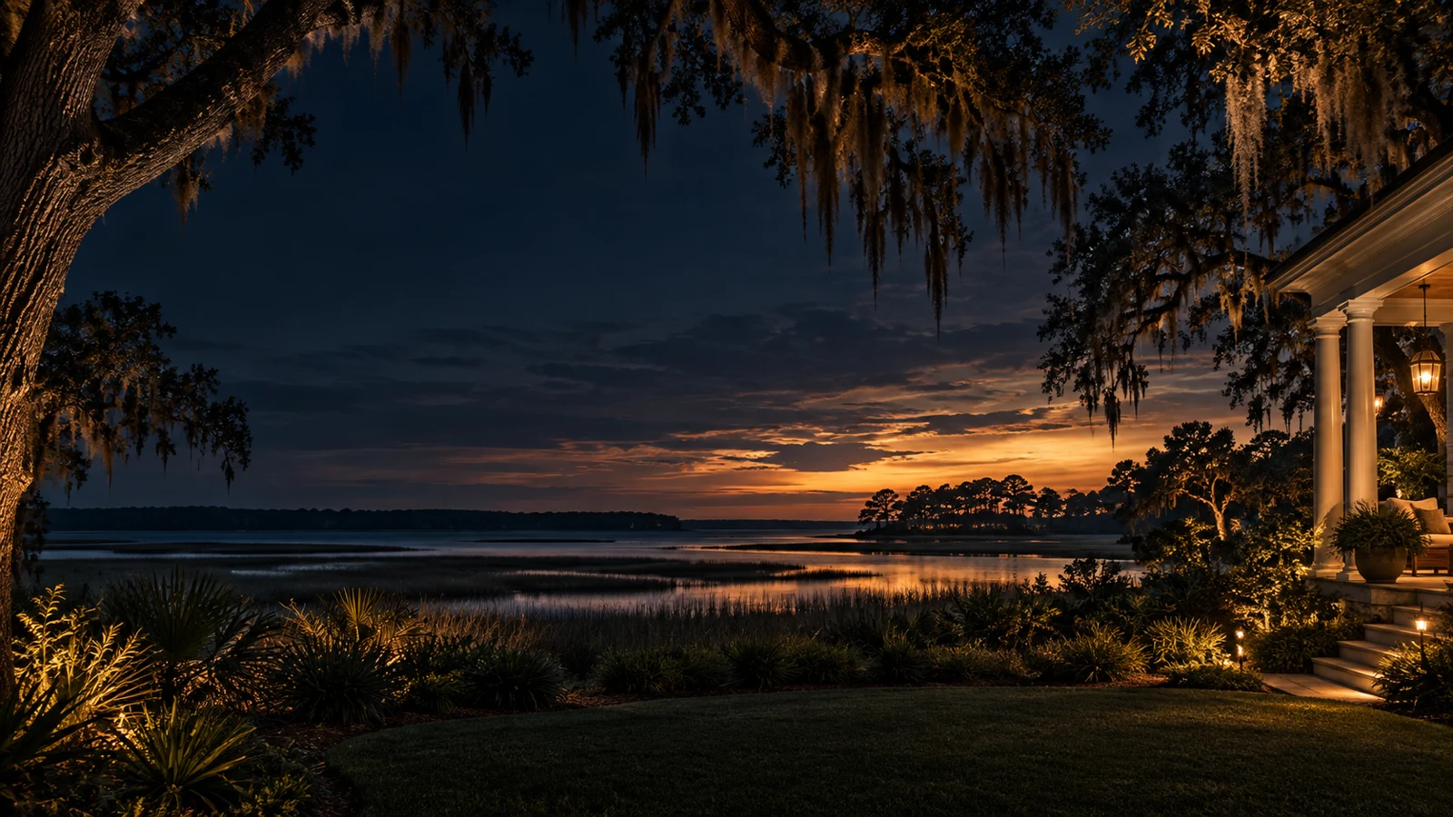 Lowcountry marsh at dusk beneath live oaks